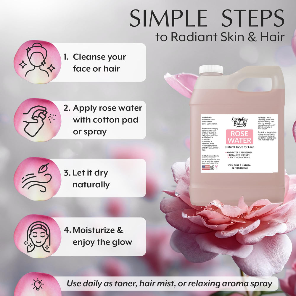 Everyday Beauty Rose Water Toner rose-petal close-up suggests calming scent for relaxation.