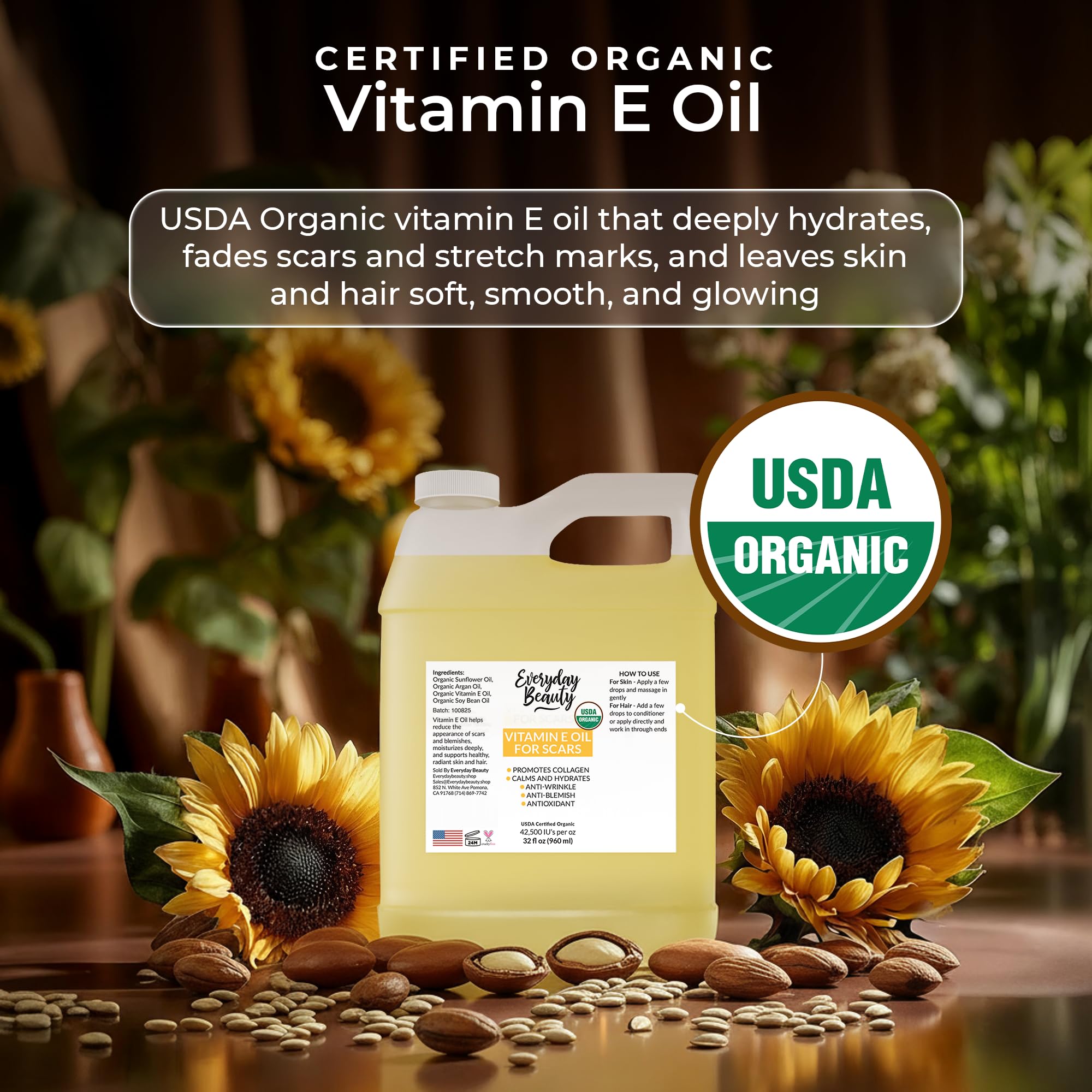 Everyday Beauty Vitamin E oil ingredients label highlights organic oils