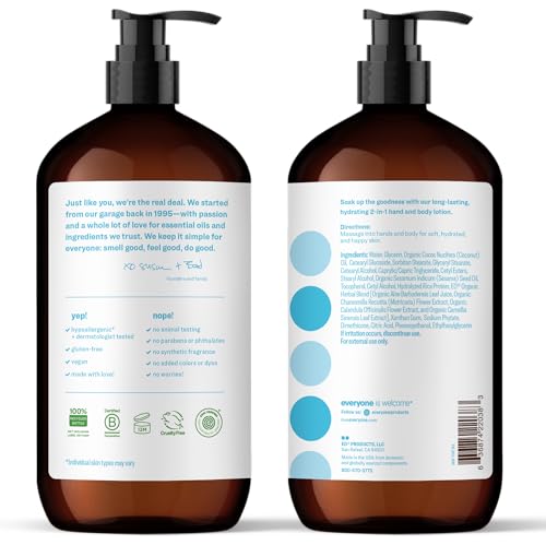 Hand applying Everyone 2in1 unscented lotion for quick absorption.