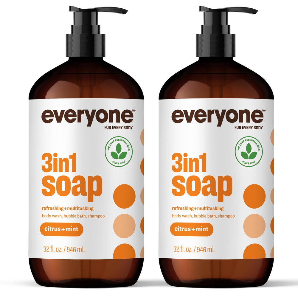 Everyone 3in1 Citrus and Mint bottle in a bright bathroom, eco-friendly packaging.