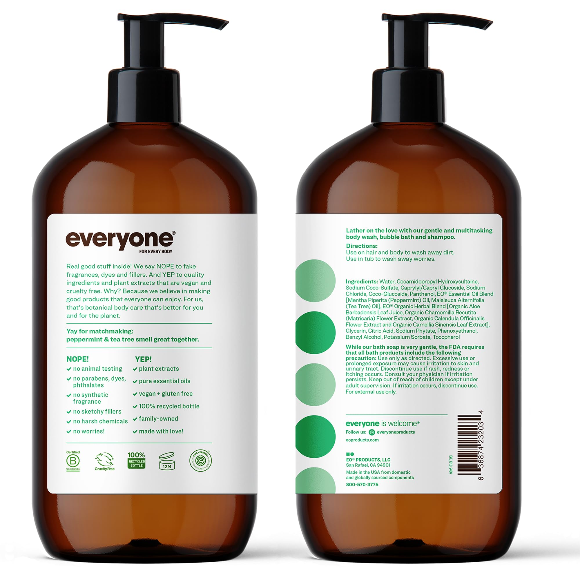 Everyone 3-in-1 Peppermint Tea Tree lather highlights rich foam suitable for hair and body.