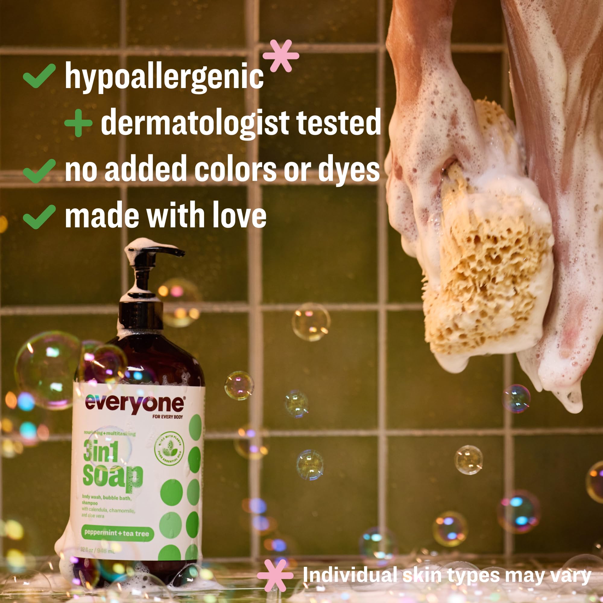 Everyone 3-in-1 Peppermint Tea Tree shower scene suggests versatile cleansing ritual.