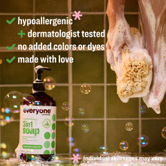 Everyone 3-in-1 Peppermint Tea Tree shower scene suggests versatile cleansing ritual.