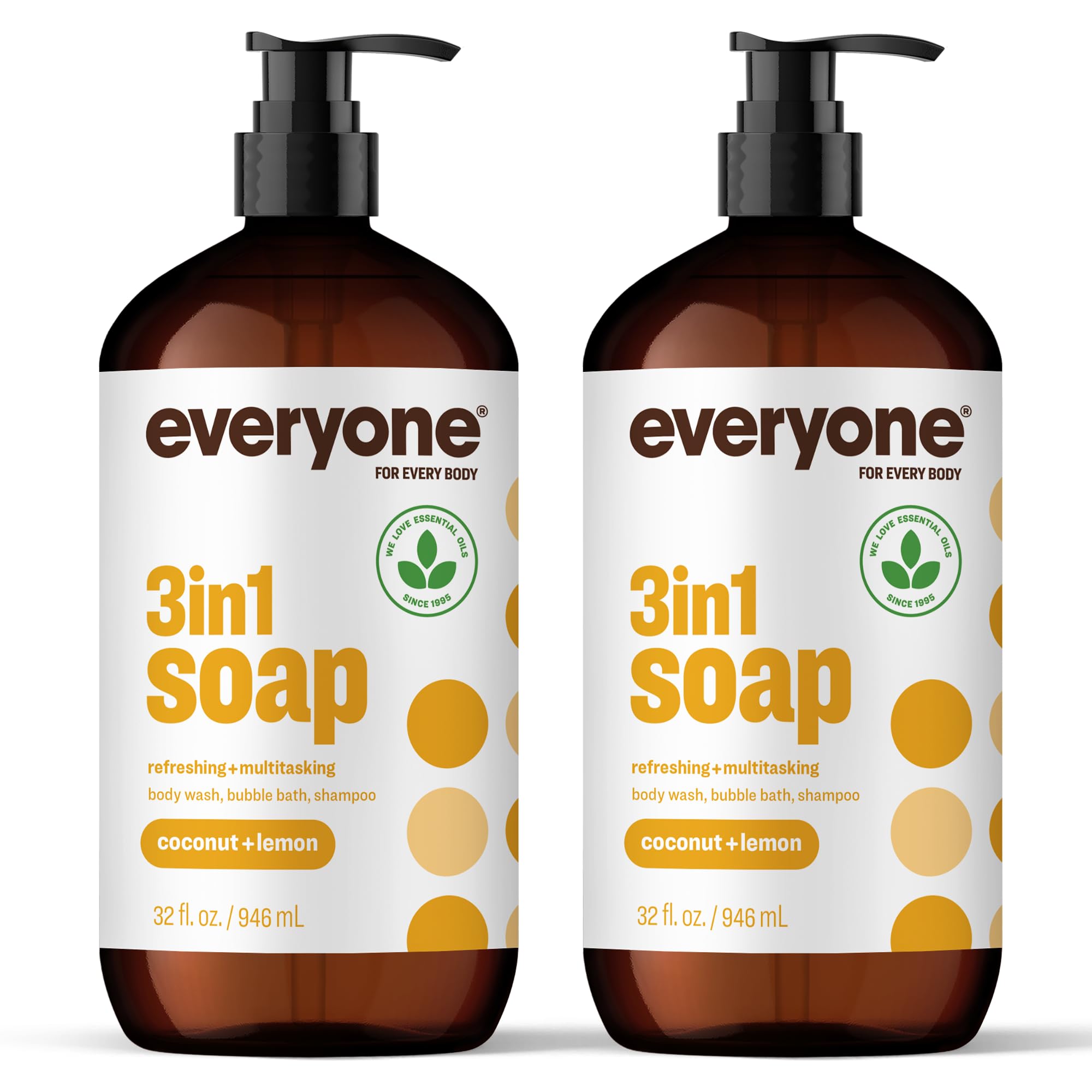 Everyone 3-in-1 Soap bottle showcases coconut-lemon scent for daily multi-use cleansing.