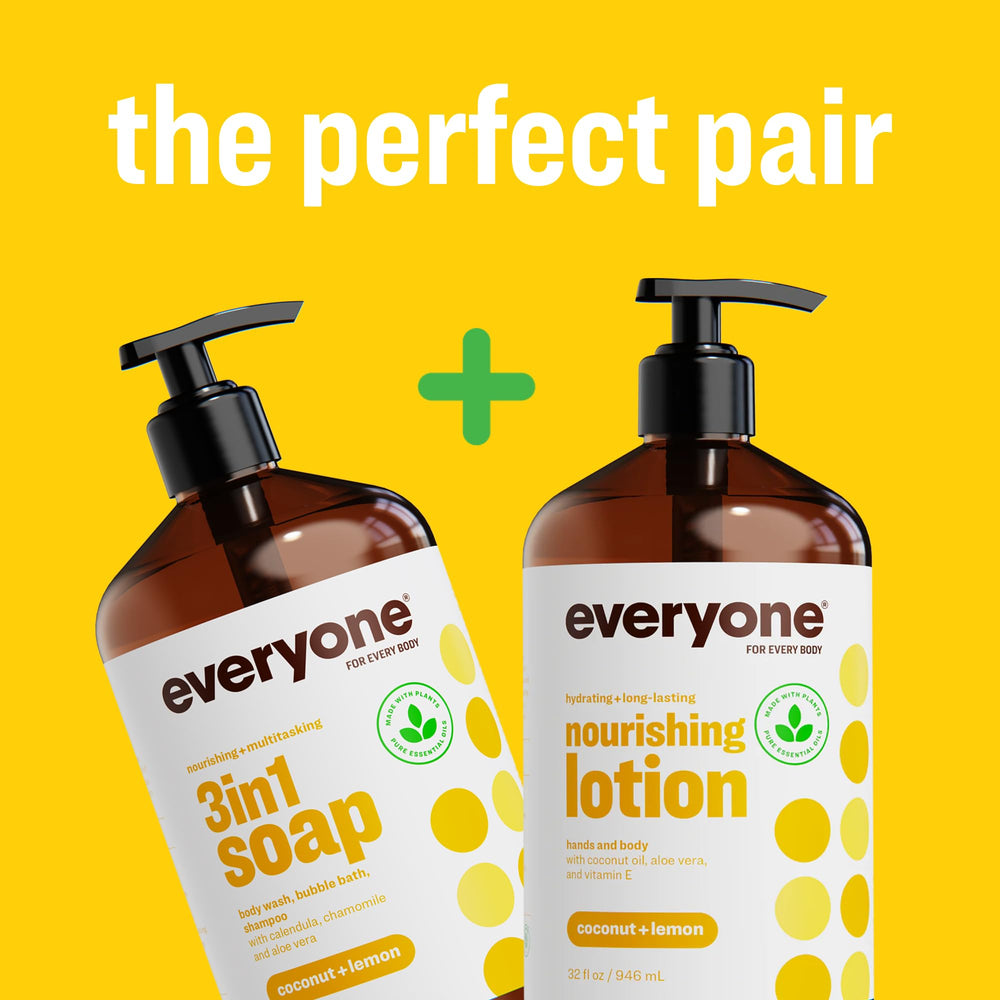 Everyone 3-in-1 Soap shampoo-use demonstrates simple wash for hair and body.
