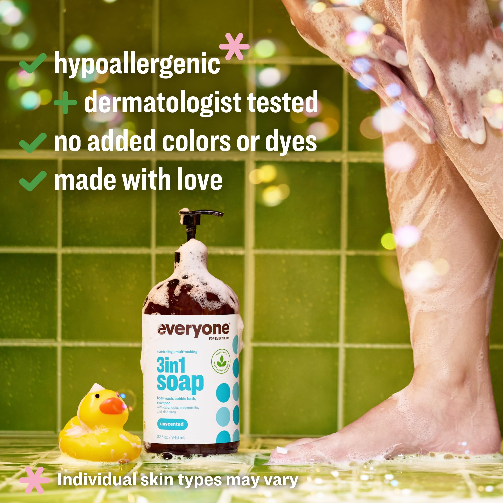 Everyone 3-in-1 Soap rich lather for hair and body care.