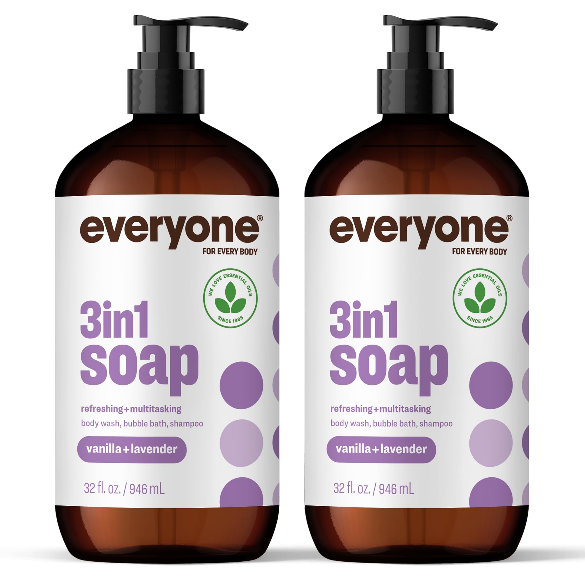 Everyone 3in1 vanilla lavender bottle pour demonstrates quick, all-in-one cleansing for hair and body.