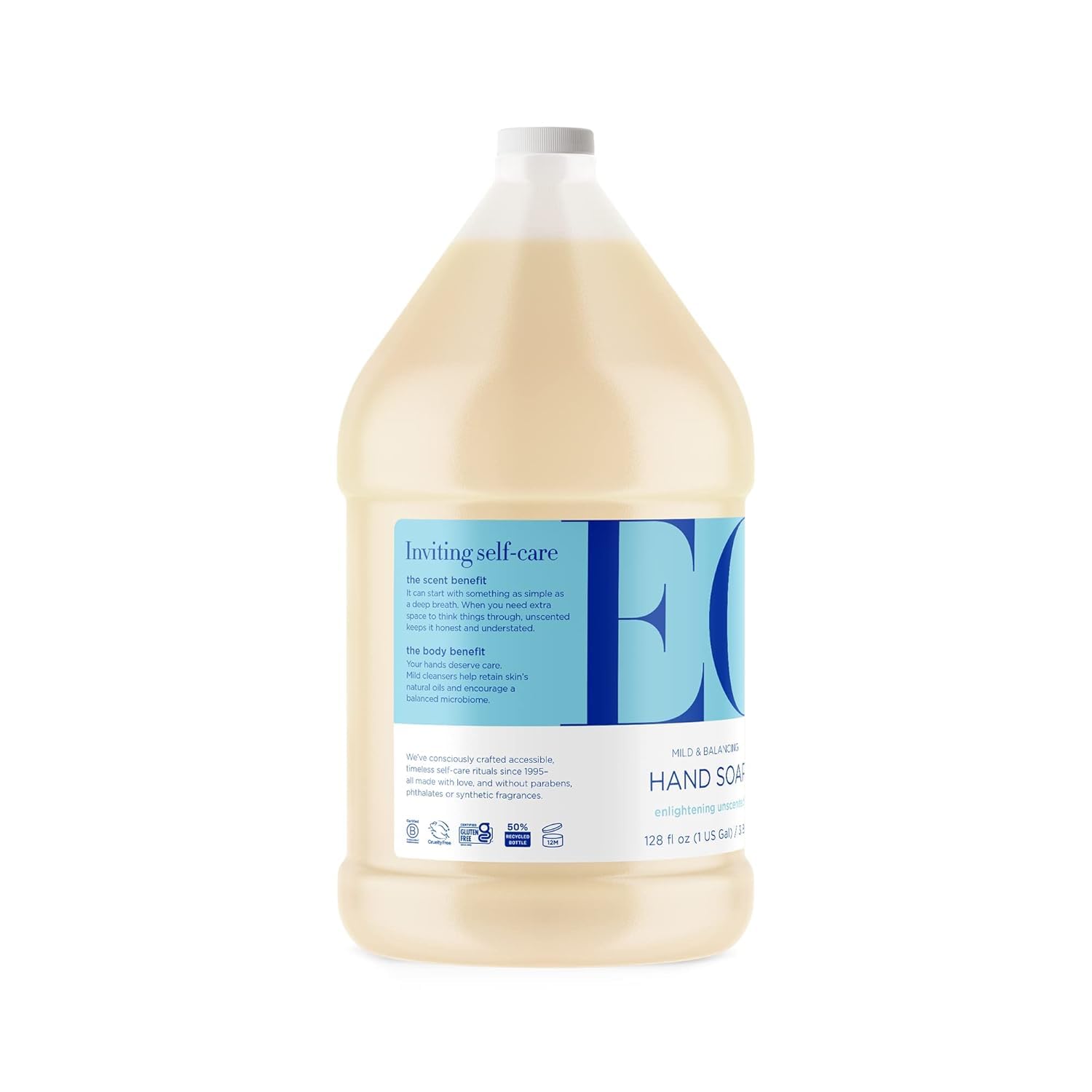 Everyone EO liquid hand soap label close-up shows organic ingredients and Vitamin E