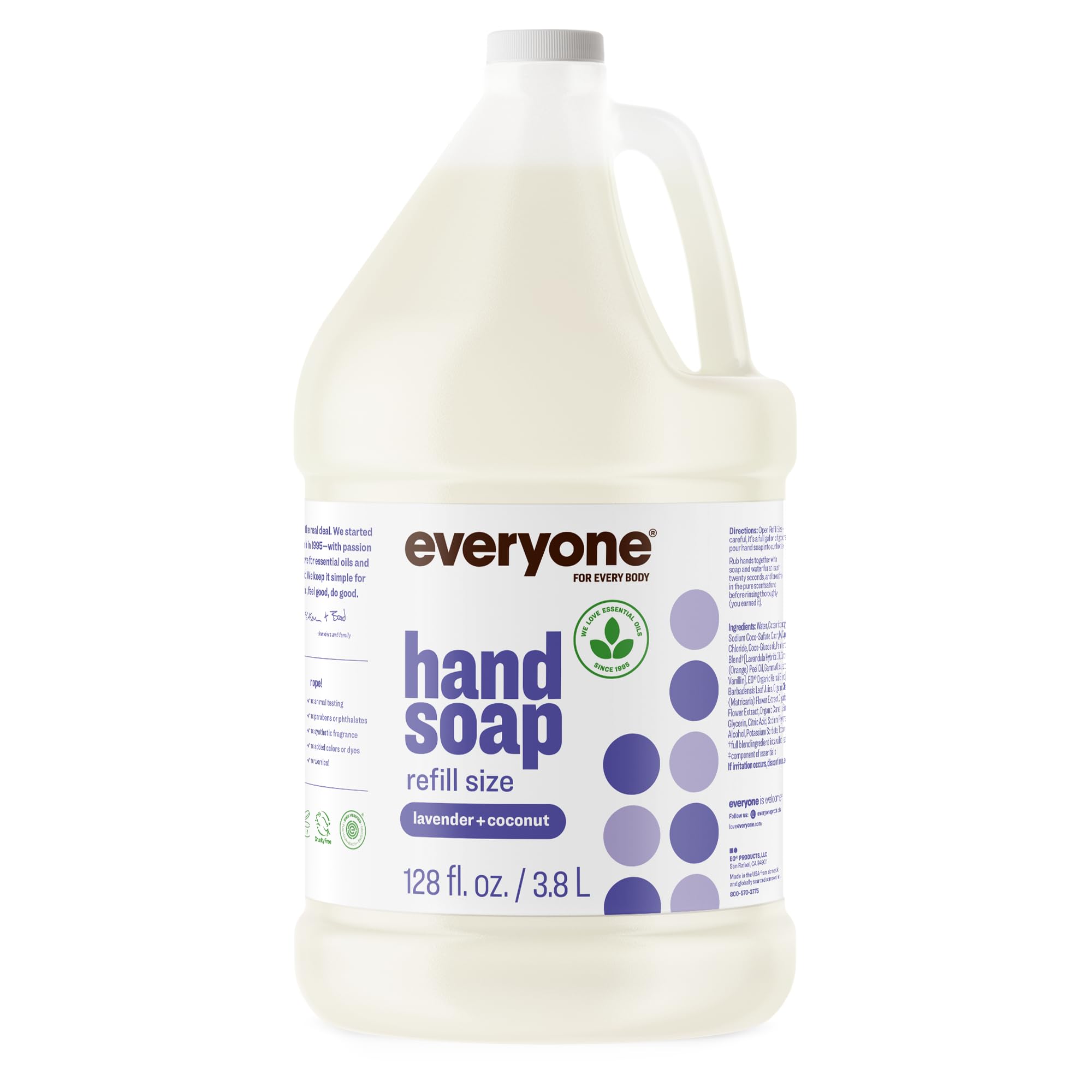 Everyone Lavender Coconut hand soap refill bottle, 1 gallon, eco-friendly packaging for kitchens and bathrooms.