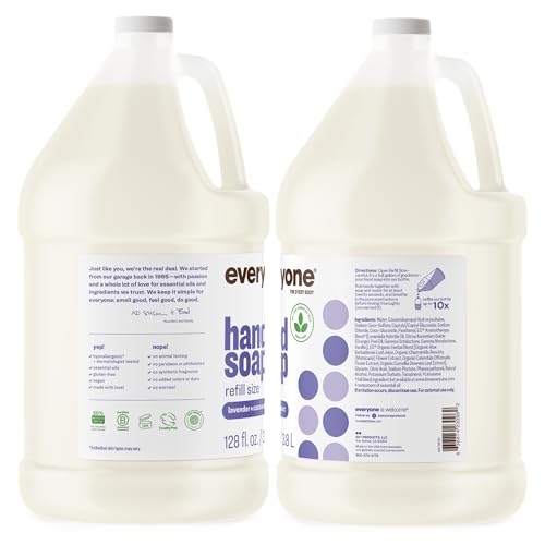 Everyone Lavender Coconut hand soap refill label highlights fragrance and recycled bottle details.
