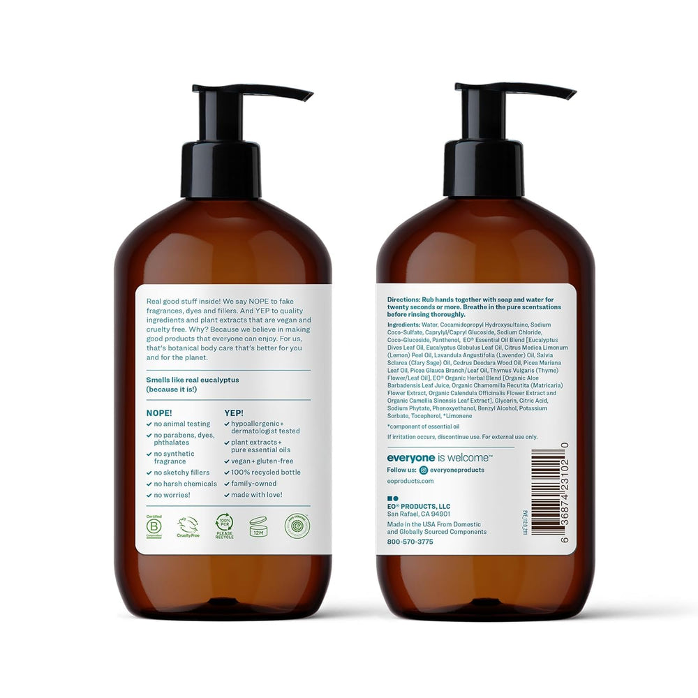 Everyone Liquid Hand Soap Pacific Eucalyptus pour bottle shown in kitchen setting for quick cleanup