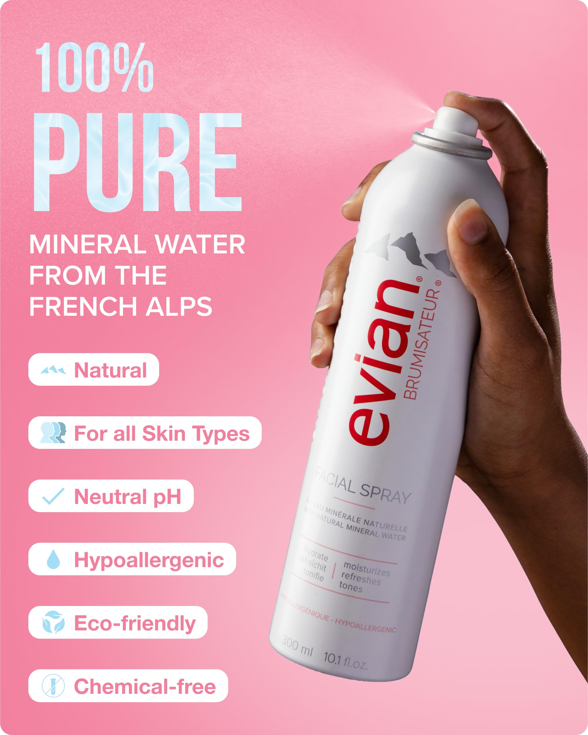 Evian bottle with pressurized, ultra-fine mist for even application