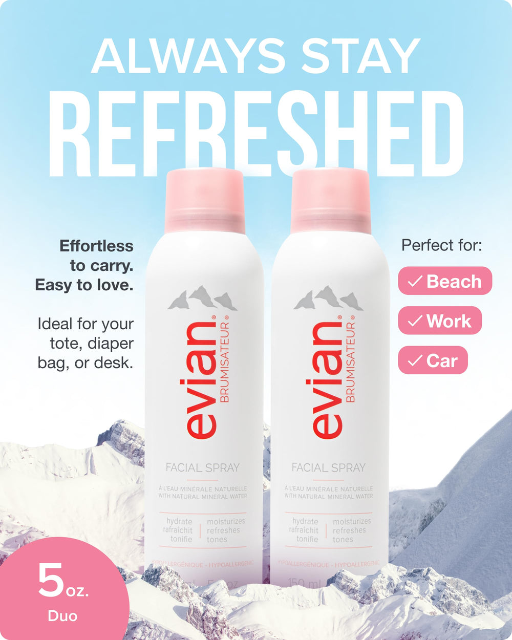 Evian Facial Spray twin pack on a vanity for everyday hydration.
