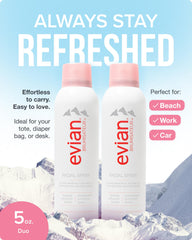 Evian Facial Spray twin pack on a vanity for everyday hydration.