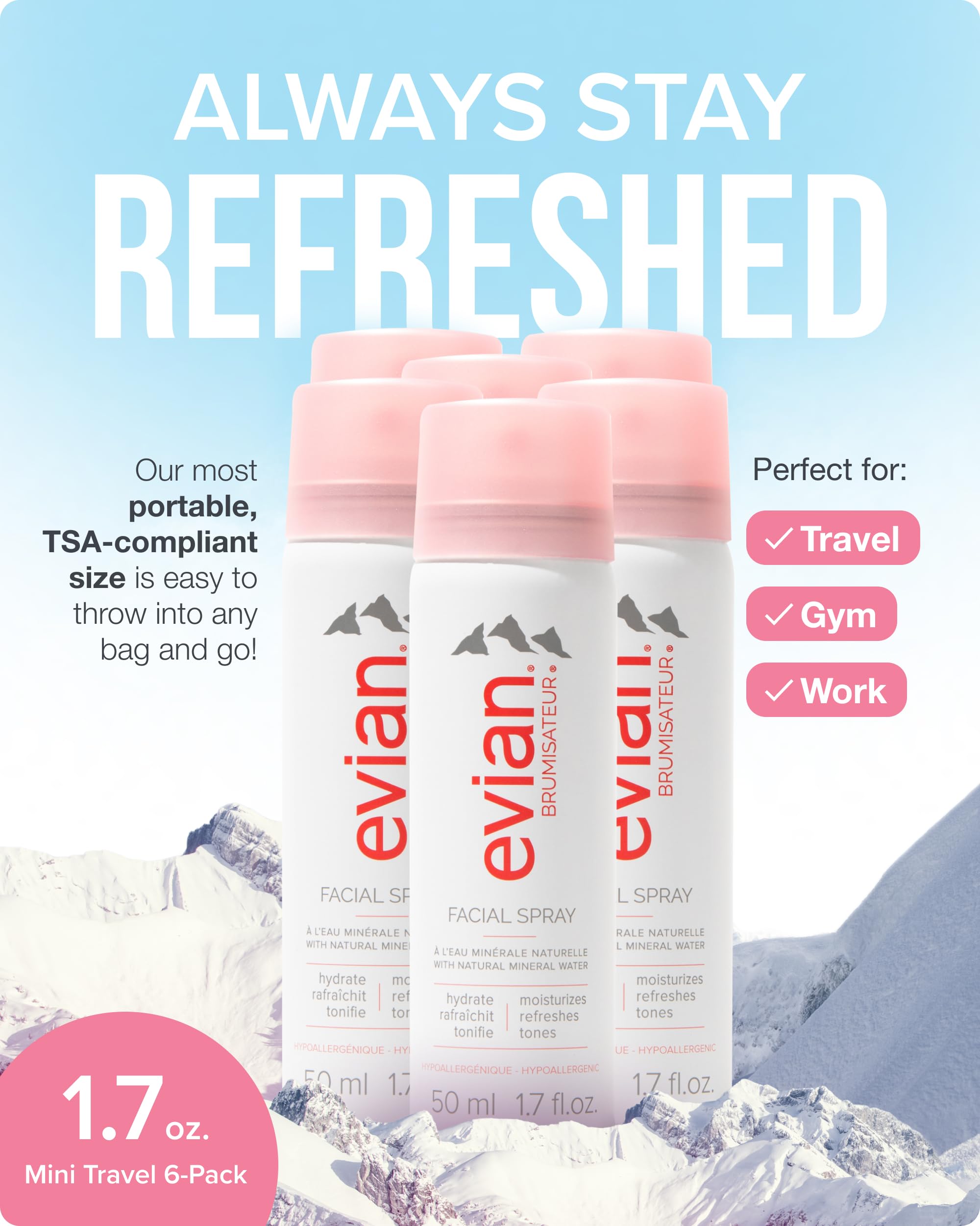evian-facial-spray-1-7oz-canister-closeup shows an ultra-fine mineral mist for refreshing skin.