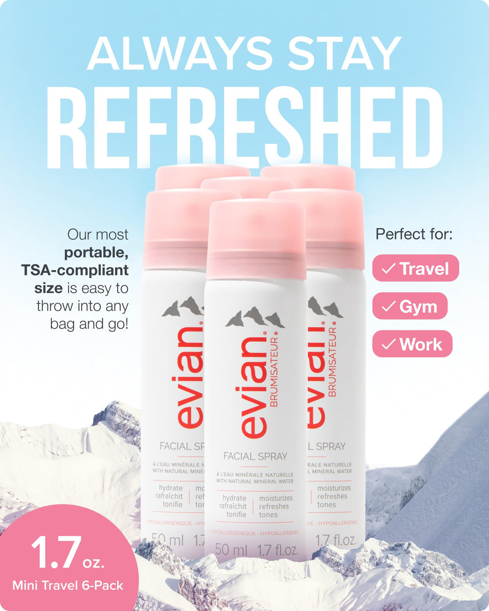 evian-facial-spray-1-7oz-canister-closeup shows an ultra-fine mineral mist for refreshing skin.
