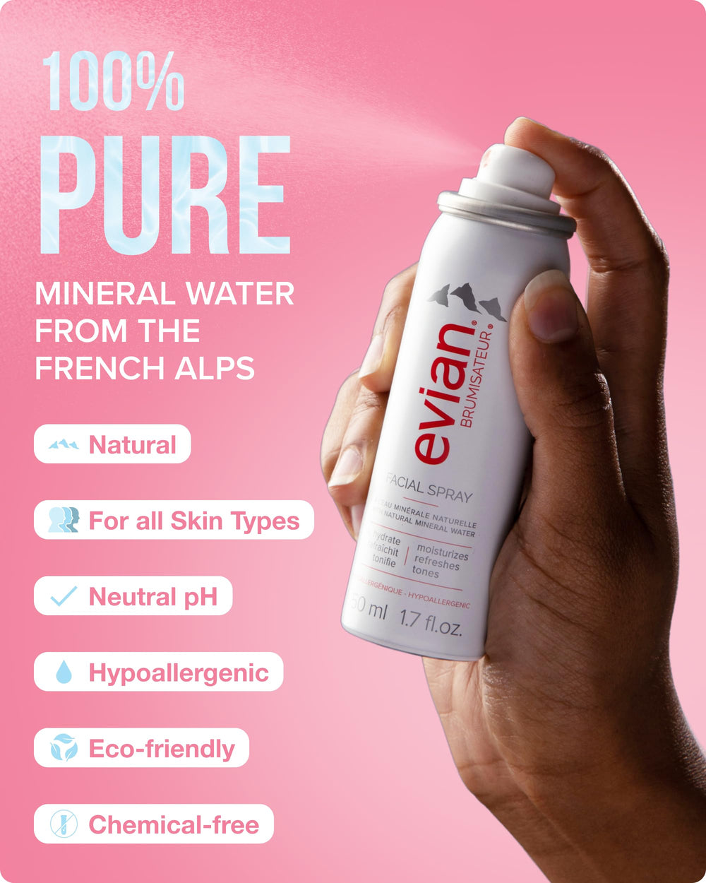 Fijador de maquillaje Evian, bruma delgada para fijar sin esfuerzo