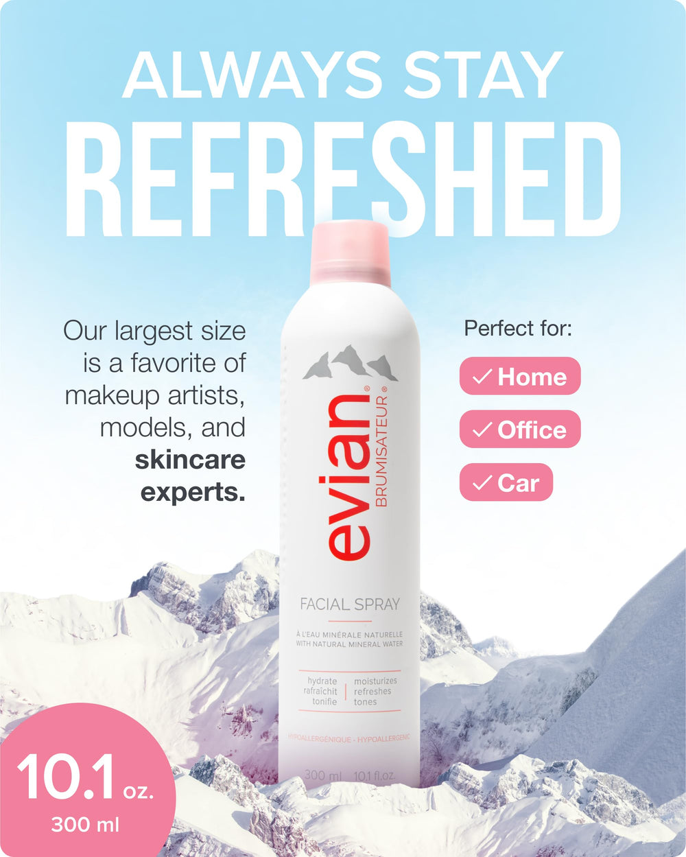 Evian fine-mist spritz on face for refreshing hydration