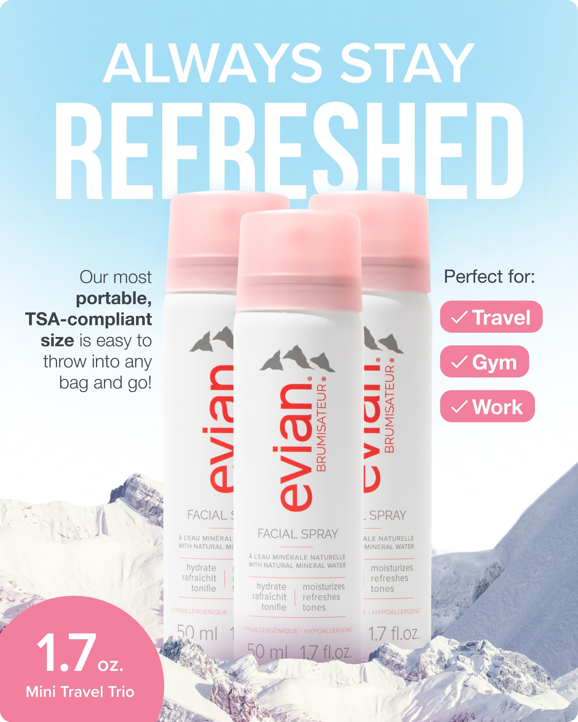 Evian mini facial spray mist for quick hydration during travel.
