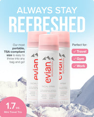 Evian mini facial spray mist for quick hydration during travel.