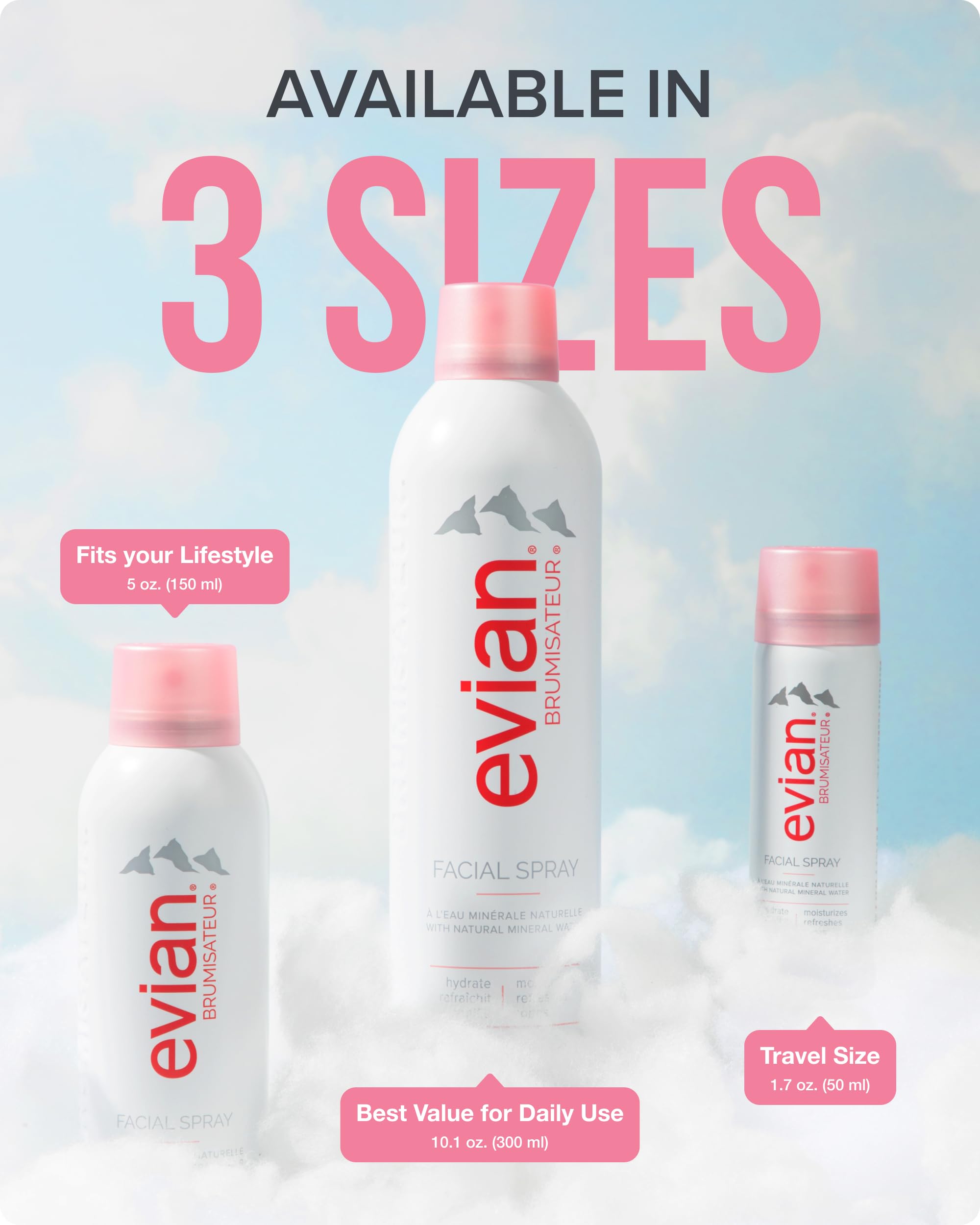 Tamaño de viaje Evian 50 ml, ideal para bolso