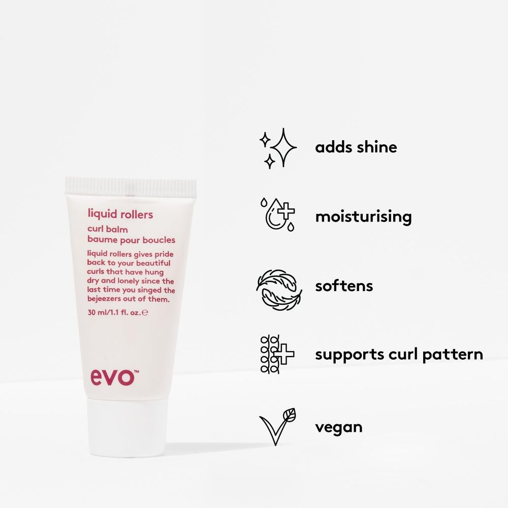 EVO Liquid Rollers Curl Defining Balm application on hands showing light hold
