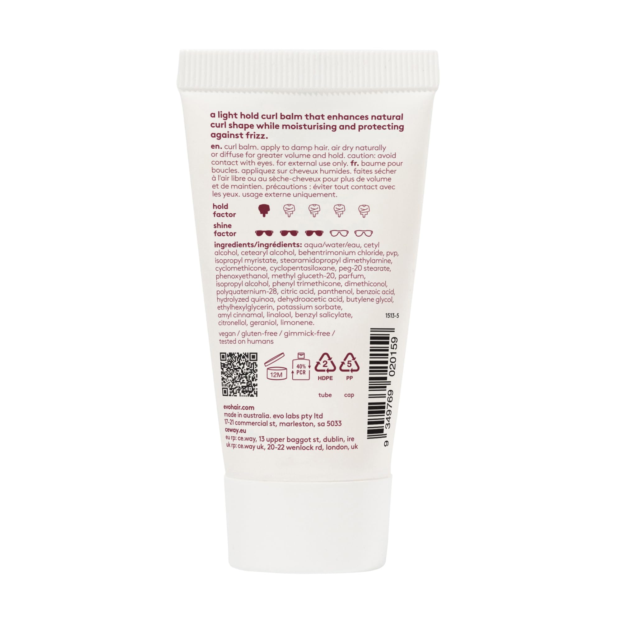 EVO Liquid Rollers Curl Defining Balm label closeup highlighting lightweight formula