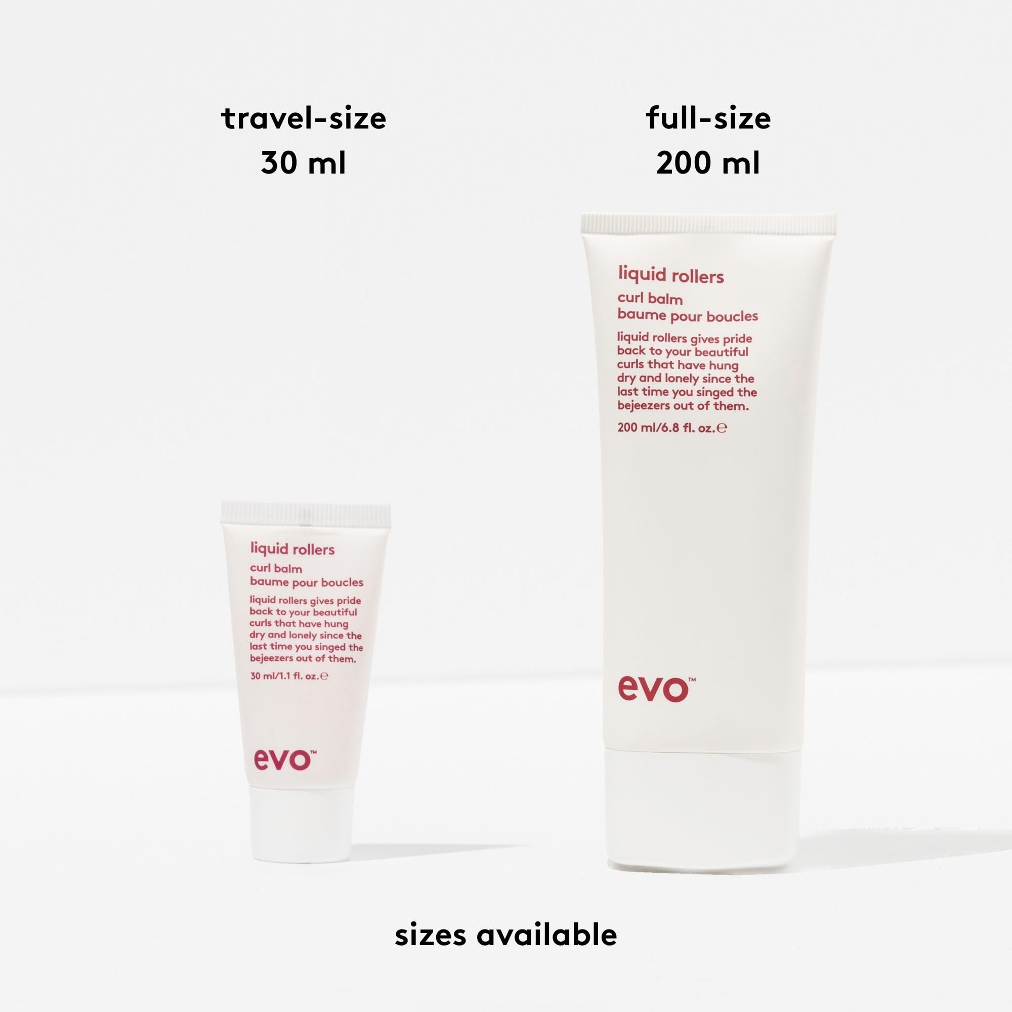 EVO Liquid Rollers Curl Defining Balm travel-size packaging on vanity