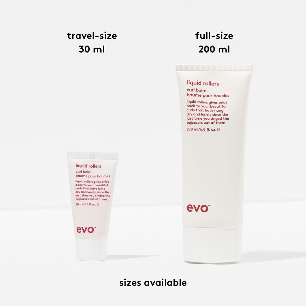 EVO Liquid Rollers Curl Defining Balm travel-size packaging on vanity