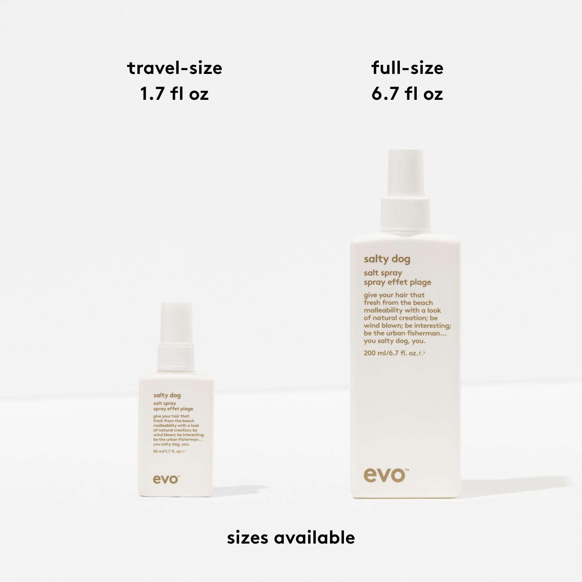 EVO Salty Dog sea salt spray on air-dried hair delivers casual texture.