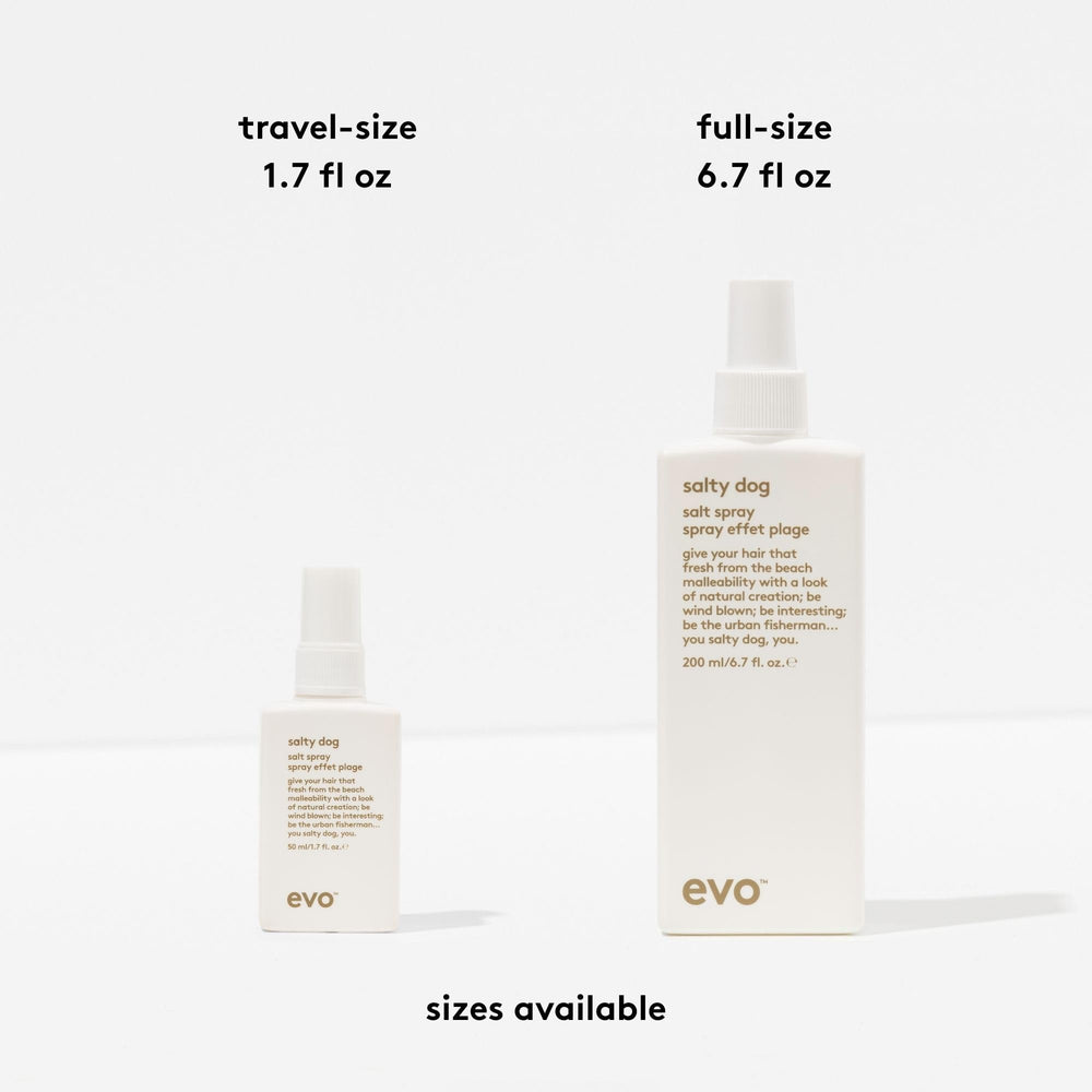 EVO Salty Dog sea salt spray on air-dried hair delivers casual texture.