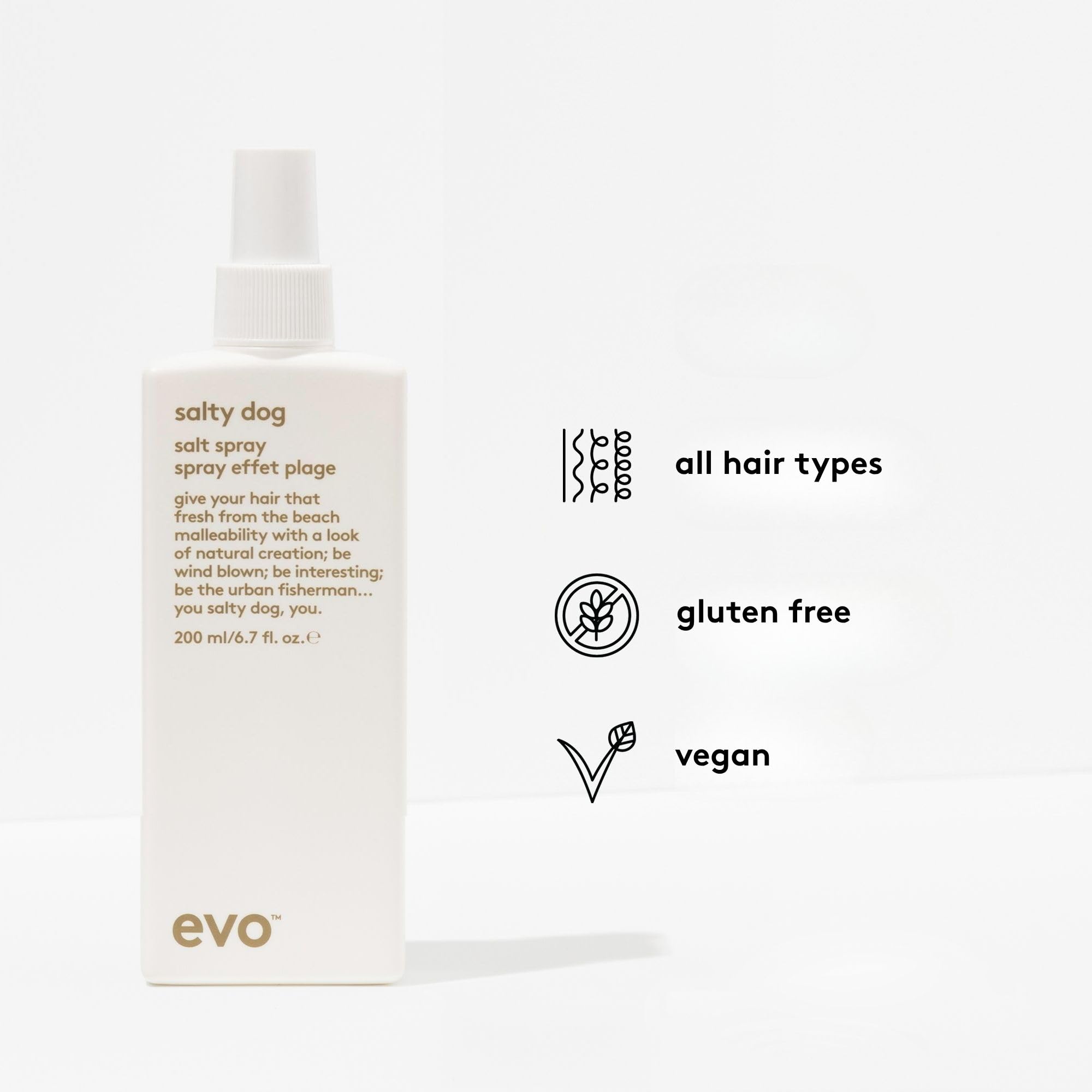 EVO Salty Dog sea salt spray applied to damp hair yields natural waves.
