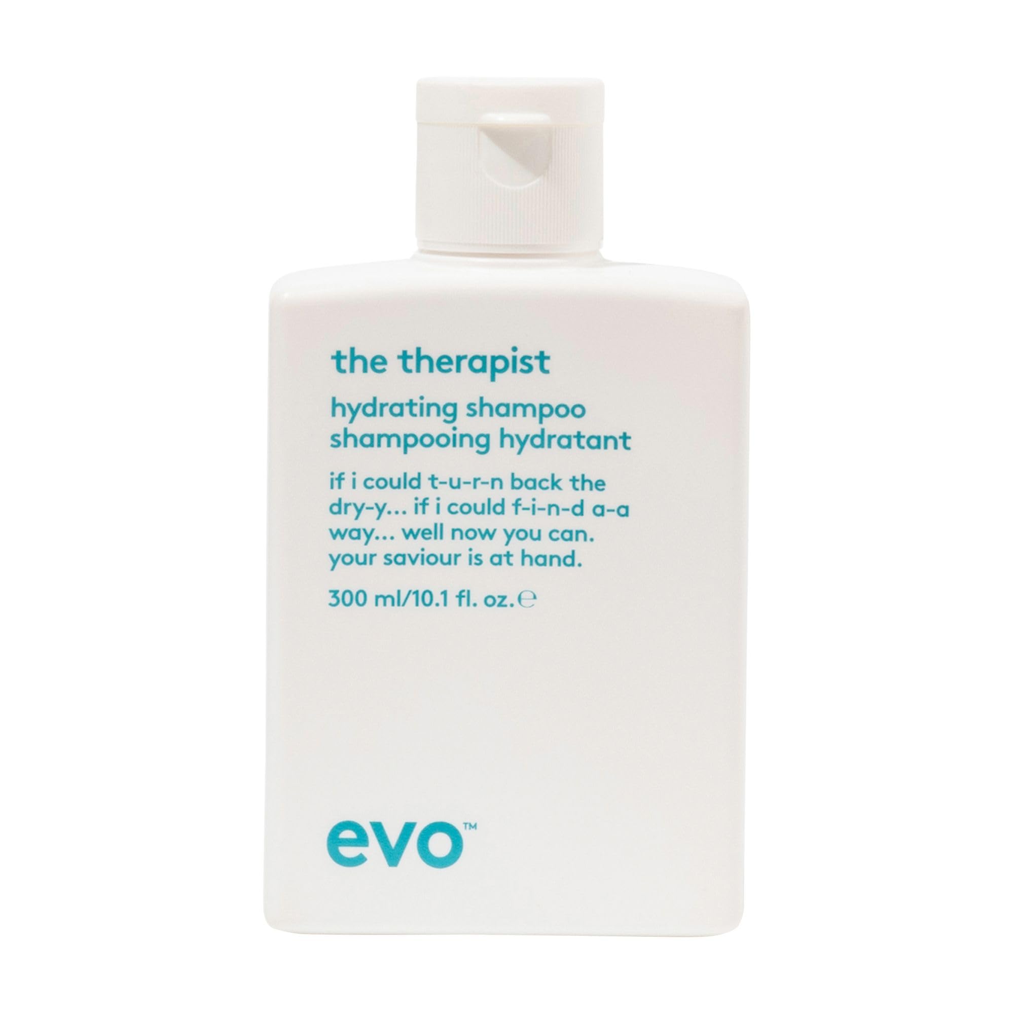 EVO The Therapist hydrates dry hair with a moisturizing shampoo bottle front.