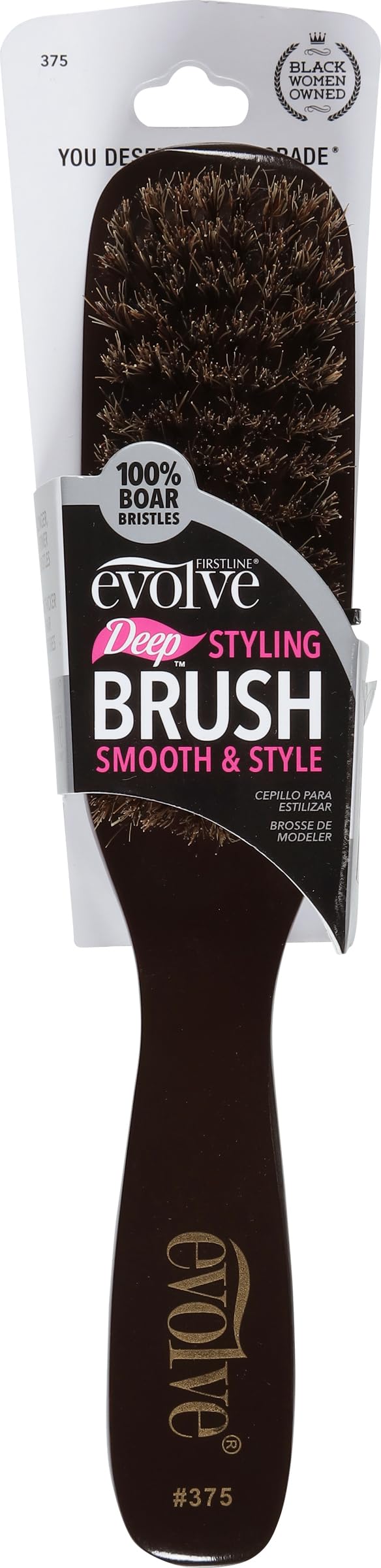 Evolve Boar Deep Styling Brush closeup shows boar bristles for smooth styling and scalp stimulation