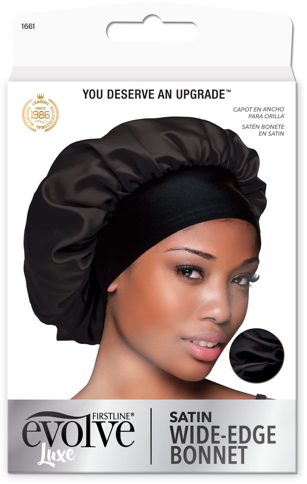 Evolve bonete satinado ancho con borde negro para cabello suave.