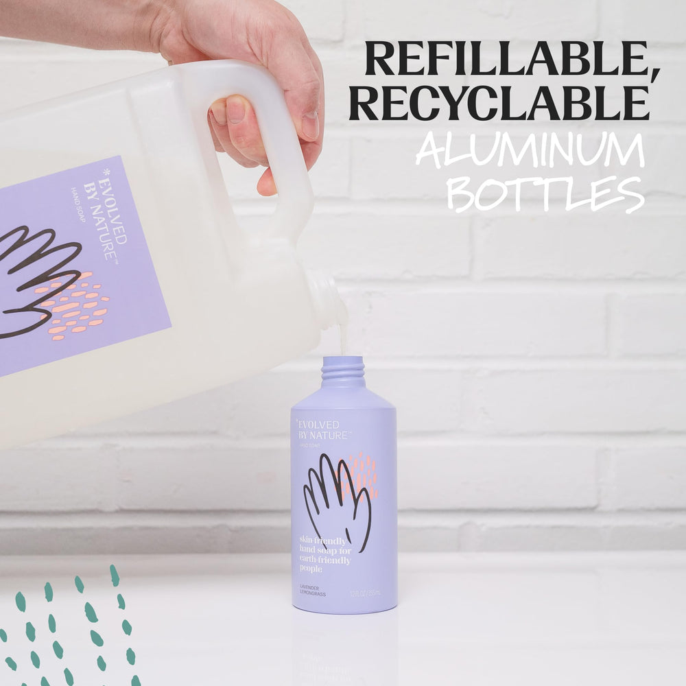 Evolved by Nature lavender lemongrass bottle emphasizes recyclable packaging and reduced waste.