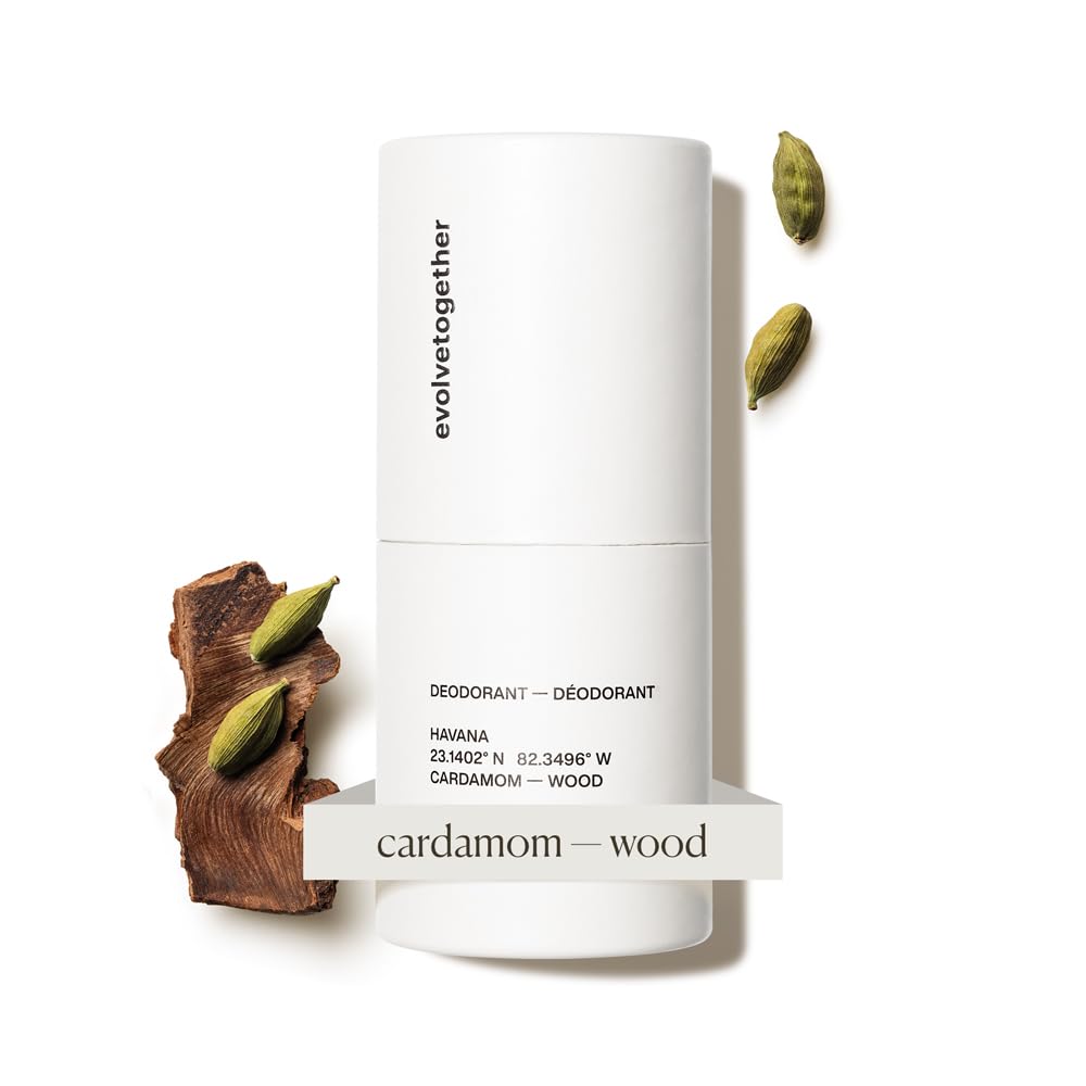 Evolvetogether Vetiver-Cedarwood packaging showcases vegan, aluminum-free formula for daily freshness.