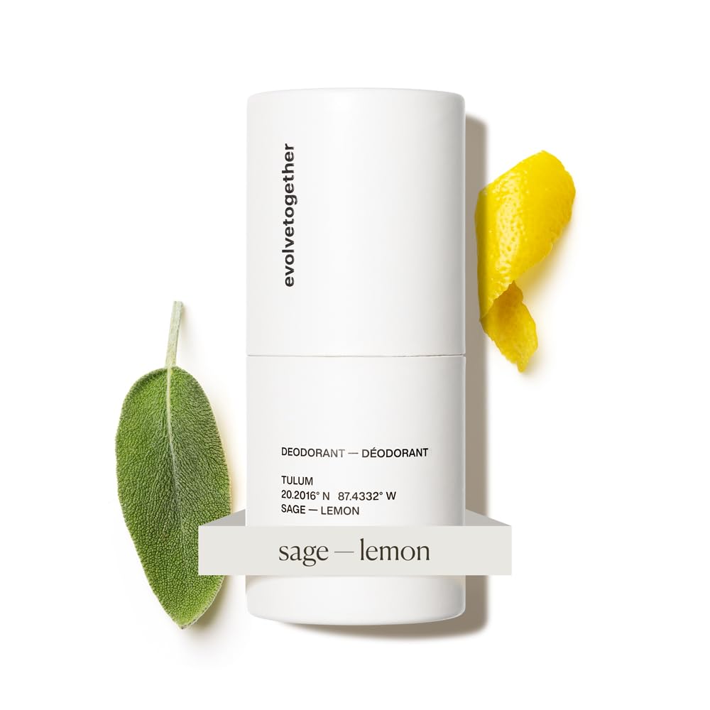 evolvetogether Lemon Sage Patchouli deodorant bottle close-up for all-day odor protection.
