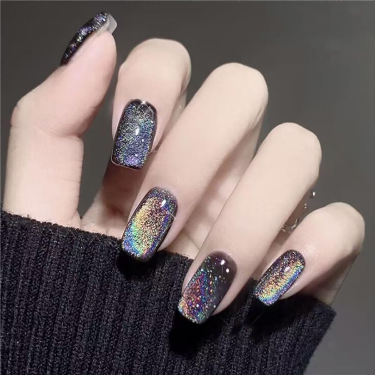 evpct uñas cat eye negro cromo, acabado cuadrado medio, efecto deslumbrante