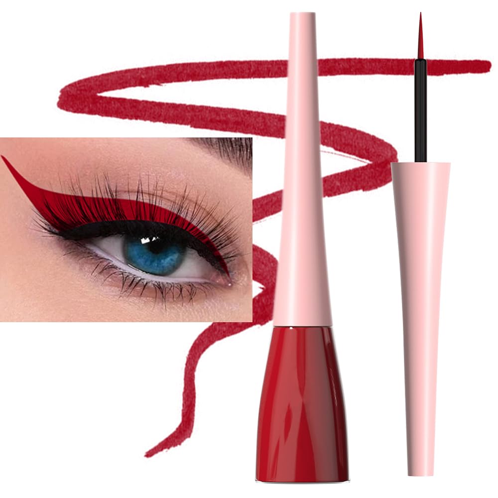 evpct dark red liquid eyeliner application creates a sharp wing with steady precision