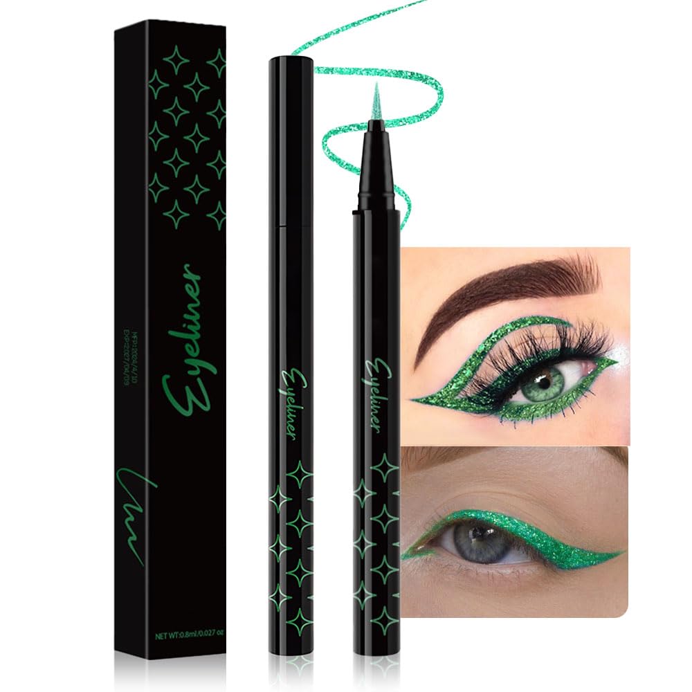evpct green glitter eyeliner pen close-up highlighting precise brush tip for clean lines