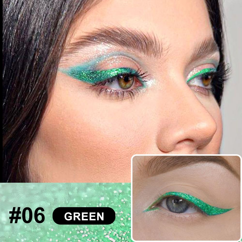 evpct green glitter eyeliner on eyelid demonstrating waterproof formula and lasting color