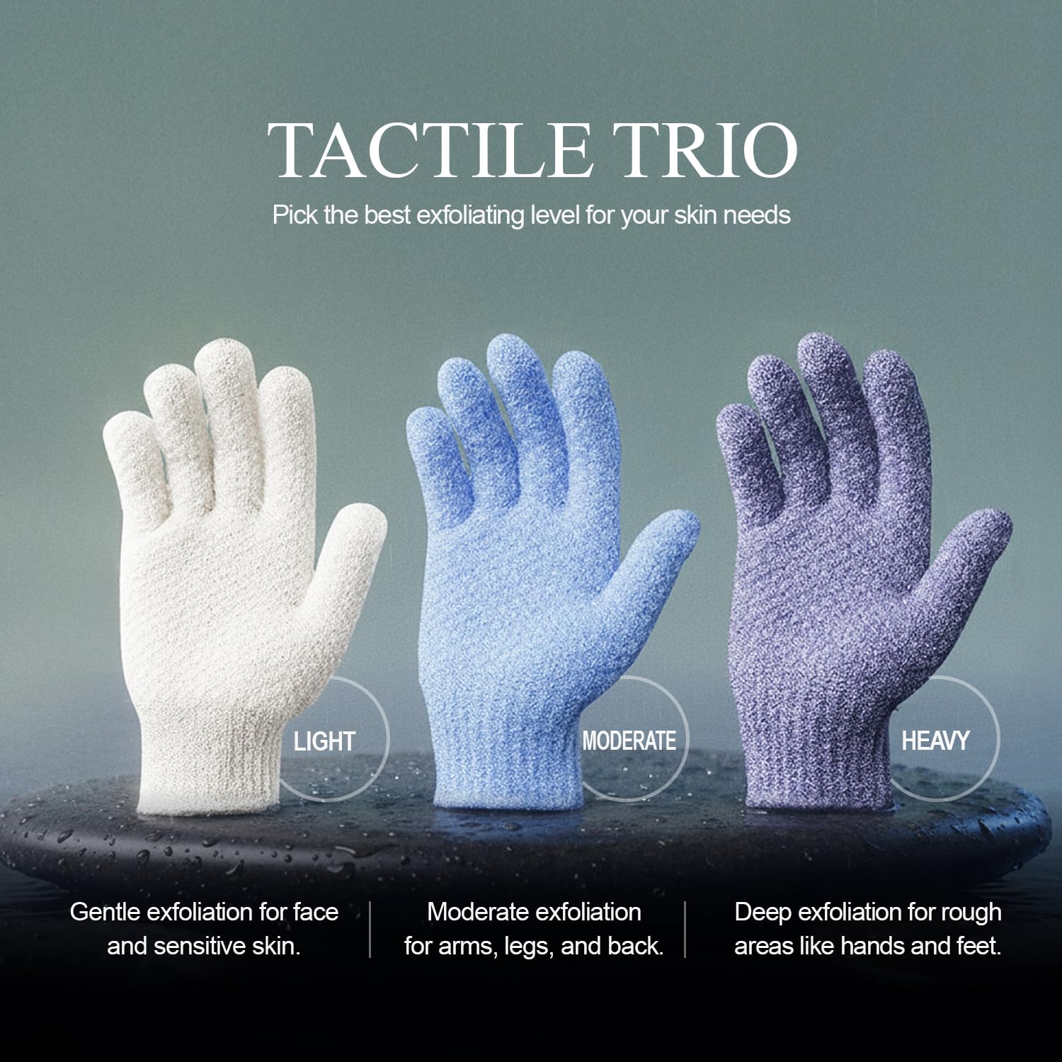 Evridwear exfoliating glove in shower with soap demonstrating rejuvenating bath routine.