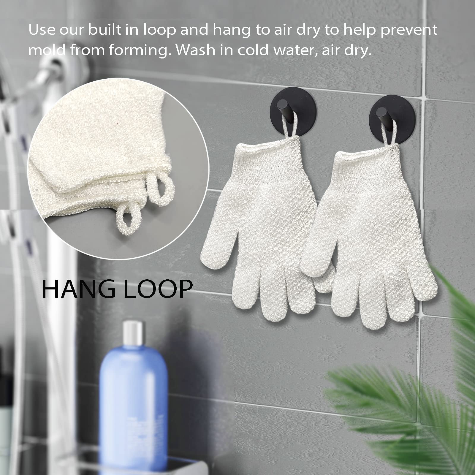 Evridwear exfoliating gloves with hanging loop ready for storage after use
