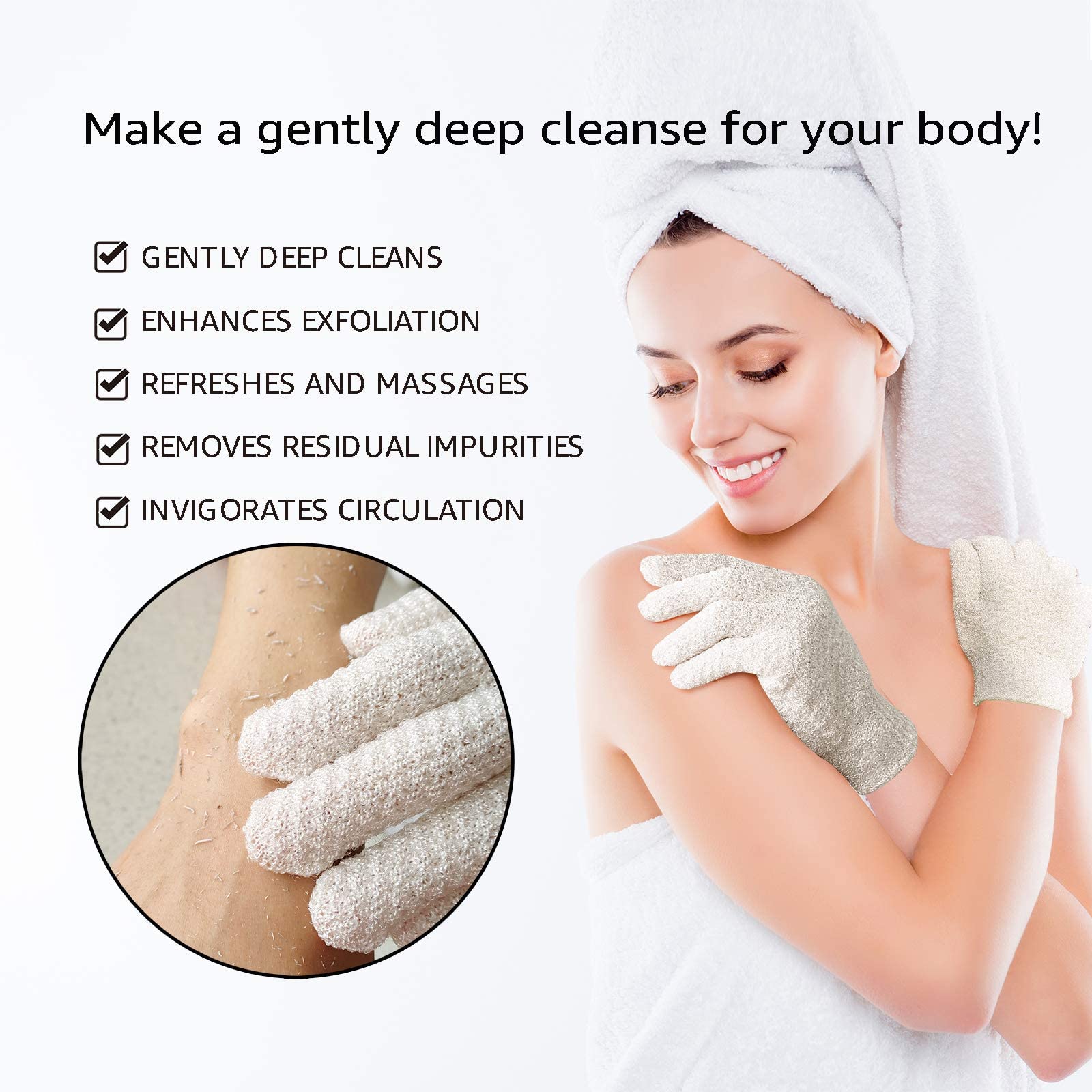 Evridwear exfoliating gloves demonstrating skin-smoothing effect during scrub