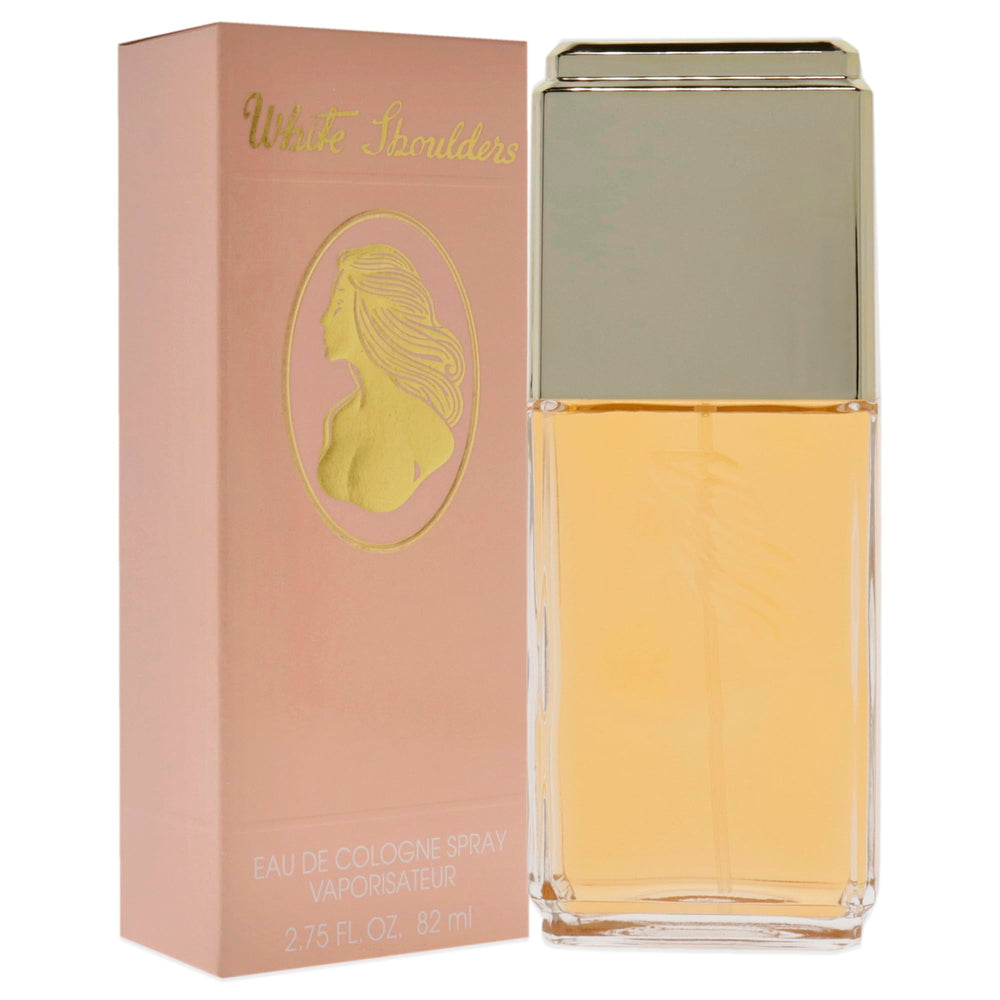 Evyan White Shoulders vanity shot, feminine fragrance on a vanity.