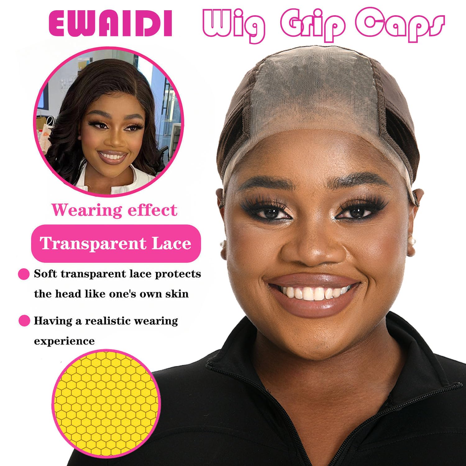 EWAIDI wig grip cap ear-area detail enhances comfort and gentle wear.