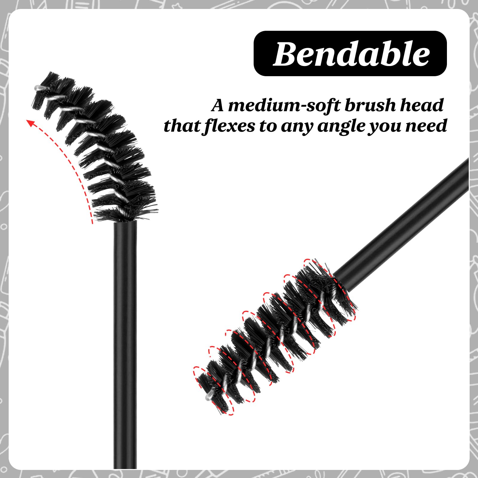 EWVVSS flexible bristles for angle-adjusted lash grooming and brows.