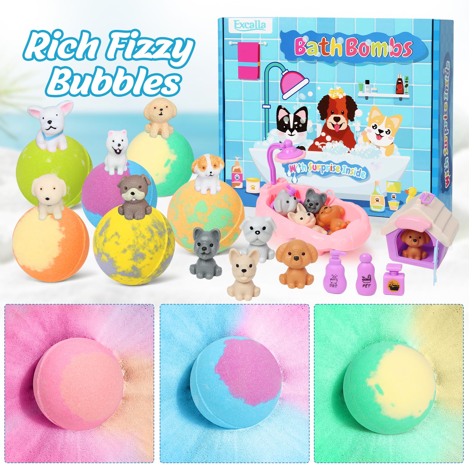 Excalla bath bombs reveal a dog toy inside to boost pretend play.