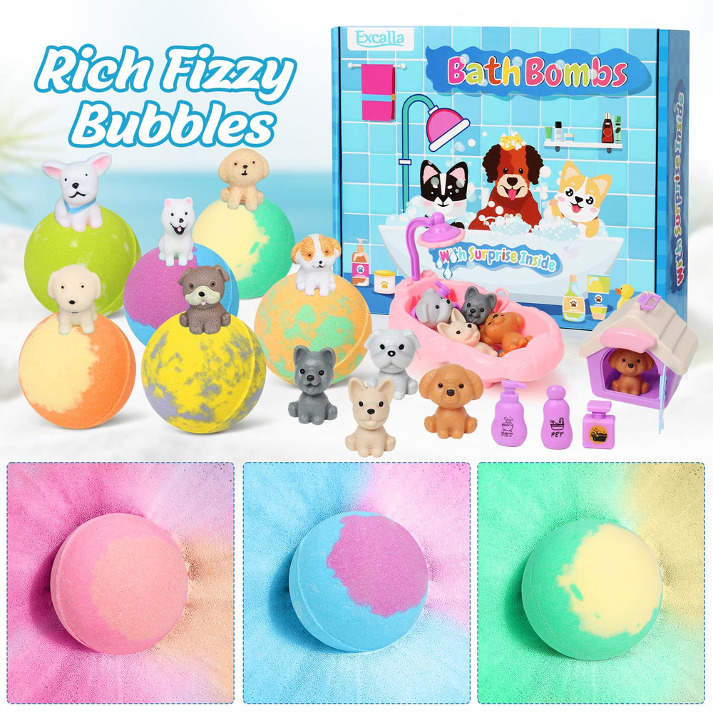 Excalla bath bombs reveal a dog toy inside to boost pretend play.